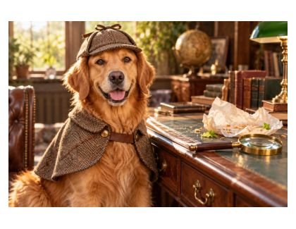 Maple, a fictional sample dog, in a finished detective profession portrait