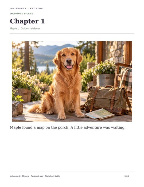 Actual finished example pages from Maple's Pet Stop storybook, The Little Adventure